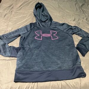 Women's Navy Blue Under Armor Pullover Hoodie size M Loose Pink logo Cold gear